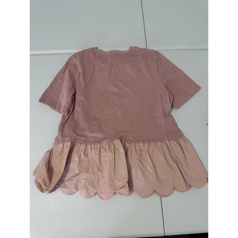 English Factory Pink Scalloped Hem Peplum Mixed Media Short Sleeve Top Large u3 - Picture 6 of 7